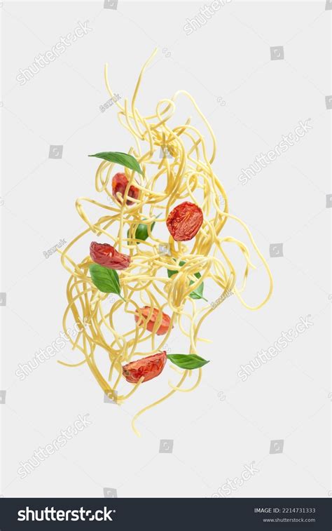 Flying Pasta Tomatoes Basil On Gray Stock Photo 2214731333 Shutterstock