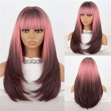 Pink Wigs With Bangs Ombre Pink Wigs Brown Roots Pink To Brown Two Tone Wigs Pink Ombre Brown