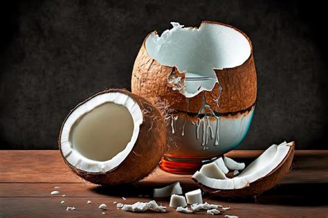 Trozos De Fruta De Coco Agrietado Con Vaso De Leche De Coco Foto Premium