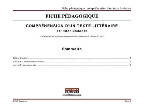 SOLUTION Fiche P Dagogique Sur La Compr Hension D Un Texte Litt Raire