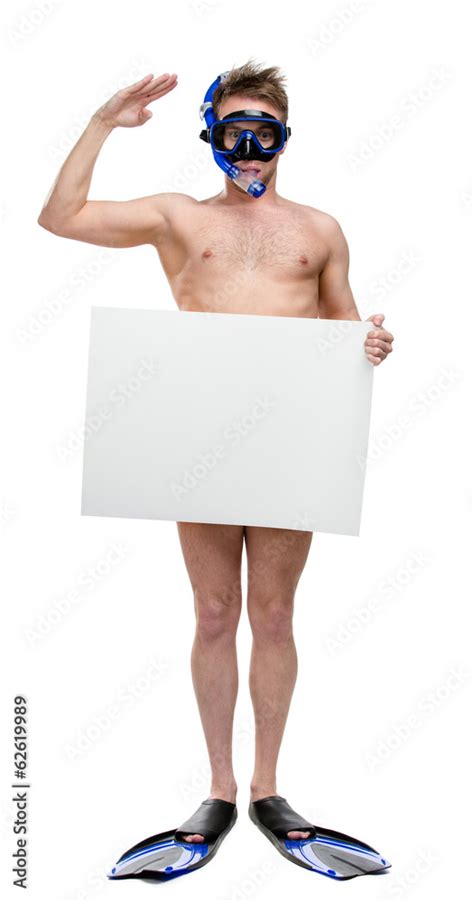 Full Length Portrait Of Naked Scuba Diver With Copyspace Stock Photo