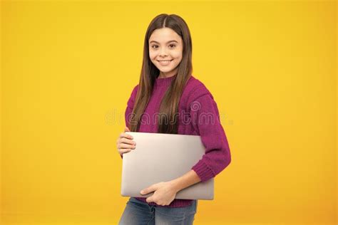 Young Student School Girl, Studying with Laptop Computer. E-learning ...