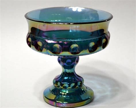 Vintage Blue Carnival Glass Candy Dish Kings Crown Pedestal Compote