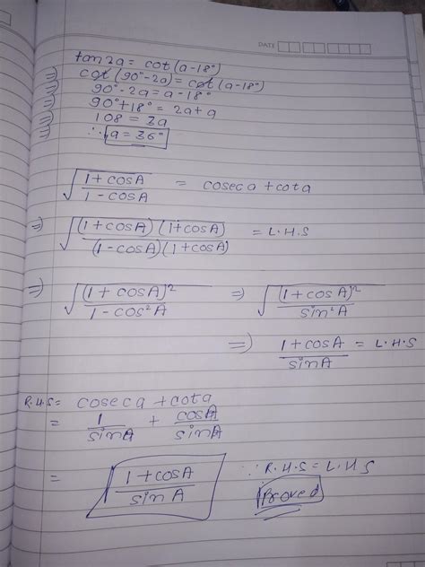 If Tan2a Cot A 18 Where 2a Is Acute Angle Find Value Of A Prove That