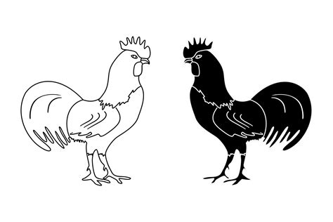 Black And White Outline Drawing Of A Rooster On A White Background