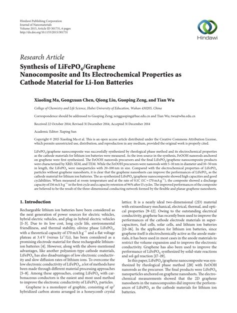 Pdf Synthesis Of Lifepo 4 Graphene Nanocomposite And Its Electrochemical Properties As