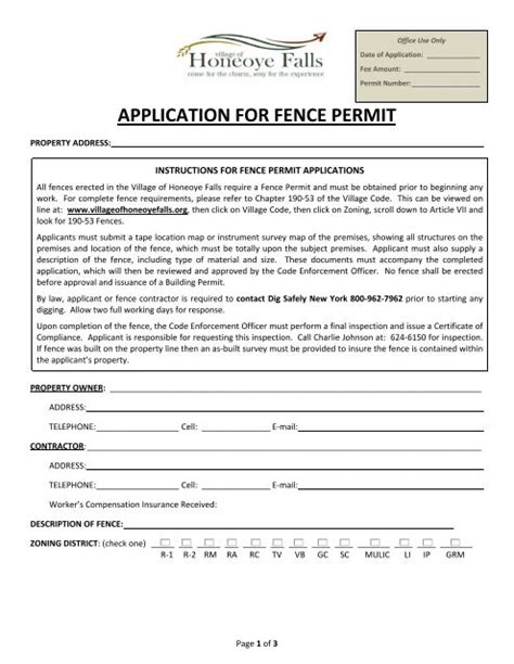 Application For Fence Permit Village Of Honeoye Falls