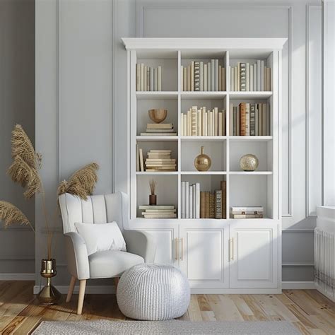 Premium Photo A White Book Shelf With A Chair And A Chair In The