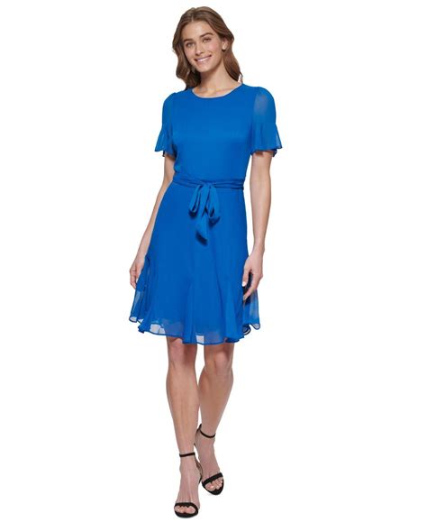 Dkny Tie Waist Flutter Sleeve Godet Style Dress In Blue Lyst