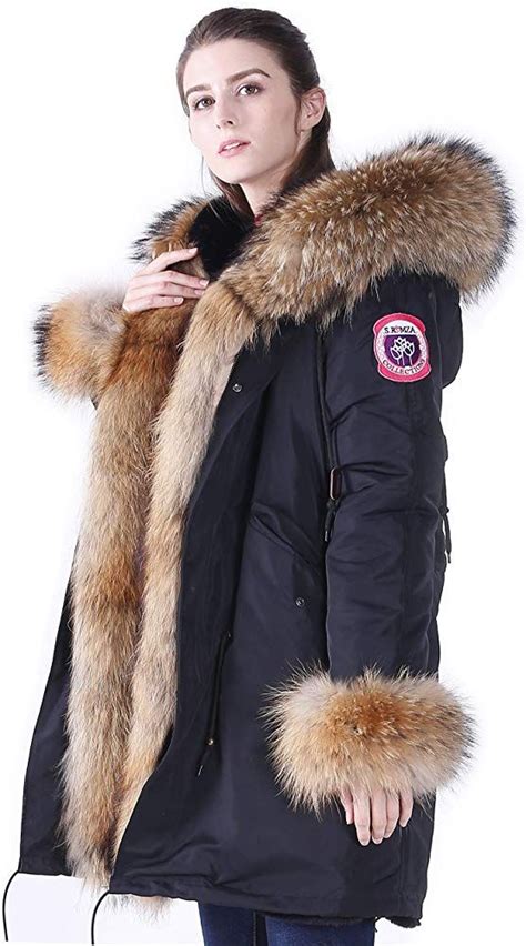 S Romza Womens Winter Fur Parka Coat Large Real Raccoon Fur Trimmed