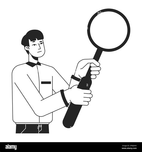 Curious Man In Formal Shirt With Magnifying Glass Flat Line Black White Vector Character Stock