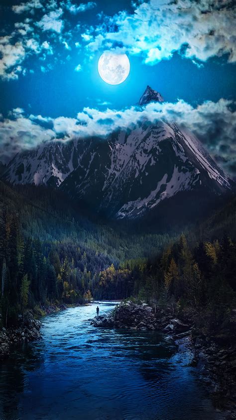 Night, alone, moon, mountain, mypic, tree, HD phone wallpaper | Peakpx