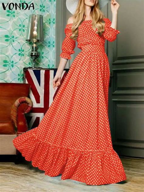 Vonda Bohemian Women Polka Dot Maxi Dress Summer Off Shoulder Long