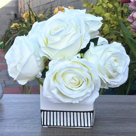 Enova Home Cream Artificial Silk Open Roses Fake Flowers Arrangement In White Square Ceramic