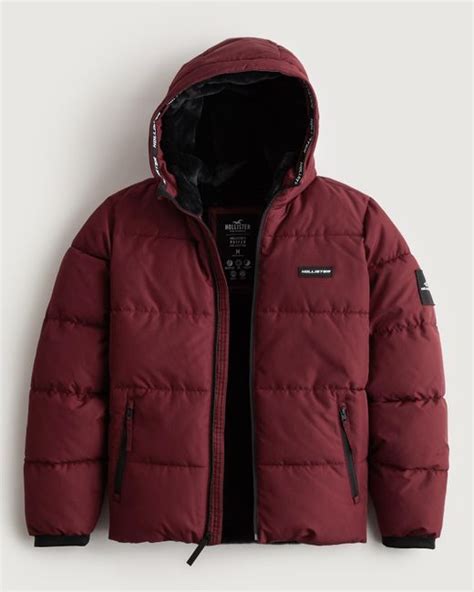 Hollister Faux Fur Lined Hooded Puffer Jacket In Red For Men Lyst Uk