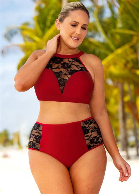 Lace Stitching High Waisted Plus Size Bikini Set Rosewe Usd