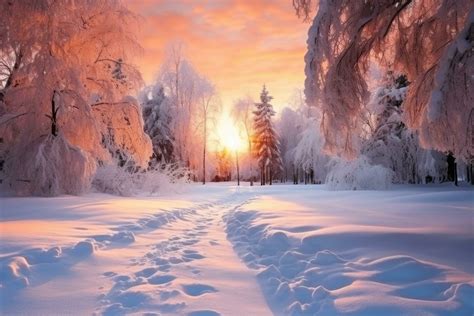 Beautiful Winter Landscape In The Rays Of Sunset Snowy Road Among