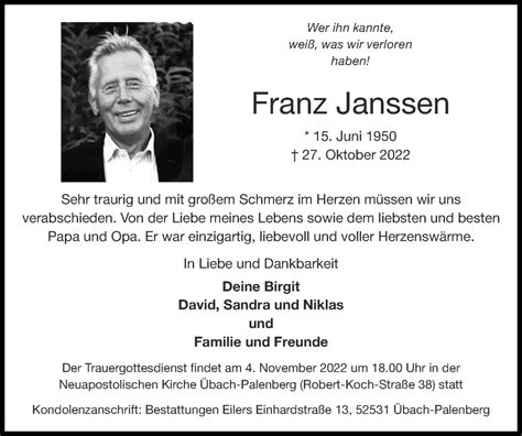 Traueranzeigen Von Franz Janssen Aachen Gedenkt