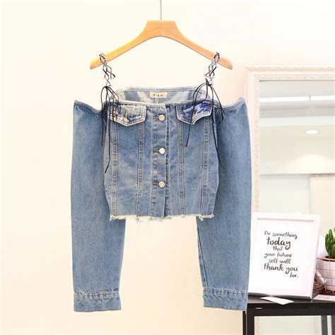 Off Shoulder Denim Jacket Coat Women Sexy Autumn Slash Neck Jeans Outerwear Coat 2018 Female