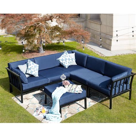 Patio Festival 6 Piece Metal Outdoor Sectional Set With Blue Cushions