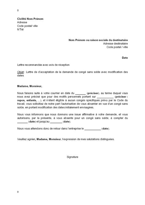 Exemple gratuit de Lettre acceptation par employeur demande congé