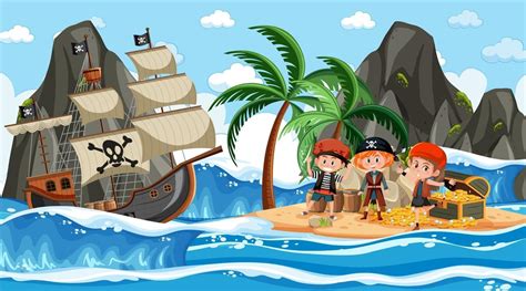 Ocean Scene At Daytime With Pirate Kids Standing On Treasure Island