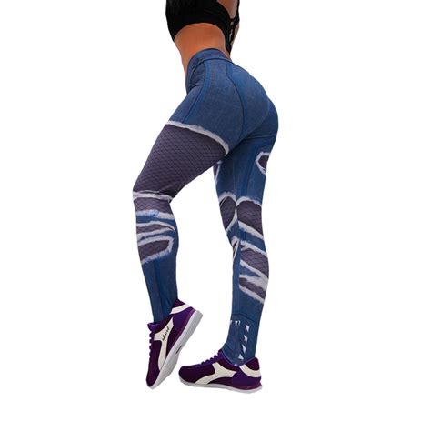 Frauen Leggings Push Up Hüfte Fitness Jeans Loch Druck Sportliche