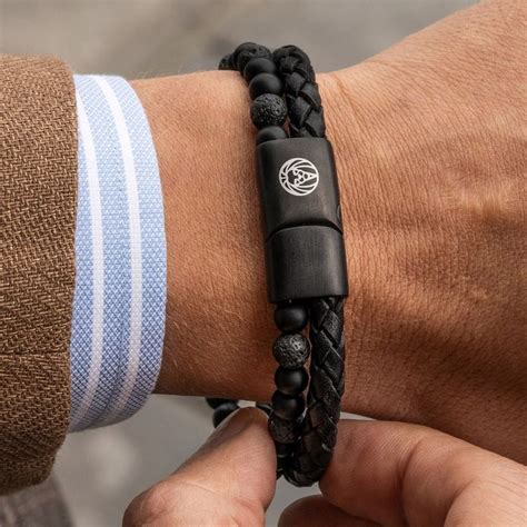 Black Lava Stone And Leather Icon Bracelet In Stock Lucleon Mens