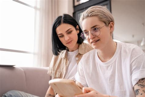 Lesbian Woman Kissing Girlfriend In Sweater Stock Image Image Of