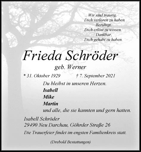 Traueranzeigen von Frieda Schröder Trauer Lüneburg de