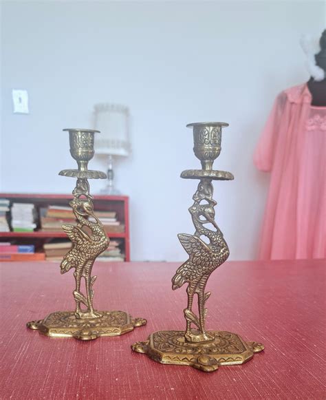 Antique Victorian Birds Brass Candlestick Holders Cranes Egret Heron Stork Etsy