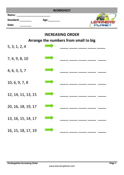 Ascending order math worksheets printable PDF