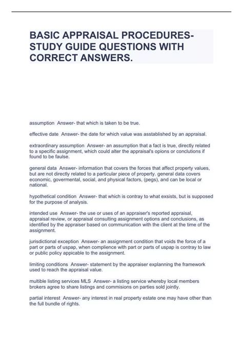 Basic Appraisal Procedures Study Guide Questions With Correct Answers