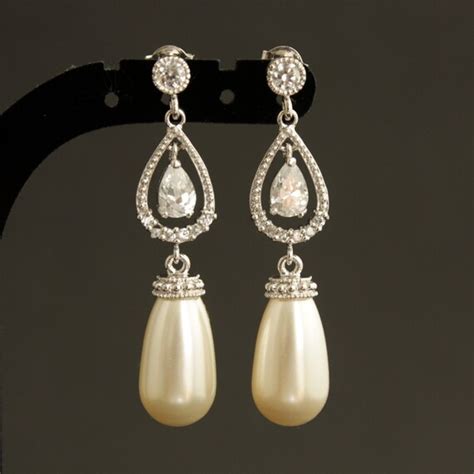 Pearl Jewelry Cream Ivory Pearl Earrings Cubic Zirconia Bridal