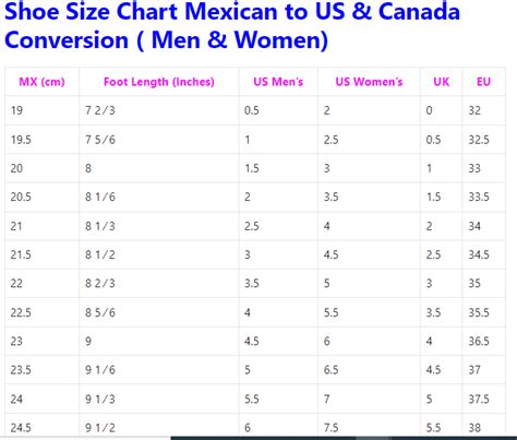 Mexican Shoe Size Charts Conversion Measurements