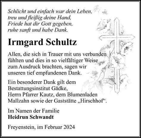 Traueranzeigen Von Irmgard Schultz Trauer Anzeigen De