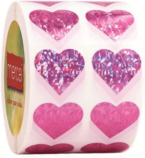 Mercei 3 4 Inch 1 9 Cm Pink Heart Stickers With Glitter Holographic