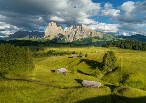 Sunrise on the Seiser Alm in the Dolomites mountains Stock Photo by dreamypixel