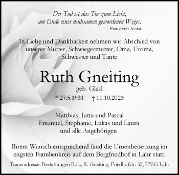 Traueranzeigen Von Ruth Gneiting Schwarzw Lder Bote Trauer