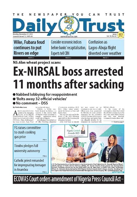 Nigerian Newspapers Daily Front Pages Review Monday Th November