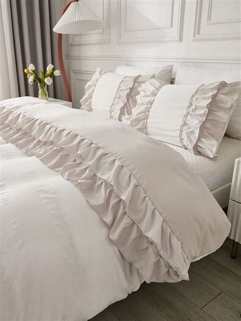 Solid Ruffle Trim Duvet Cover Set Without Filler Shein Uk