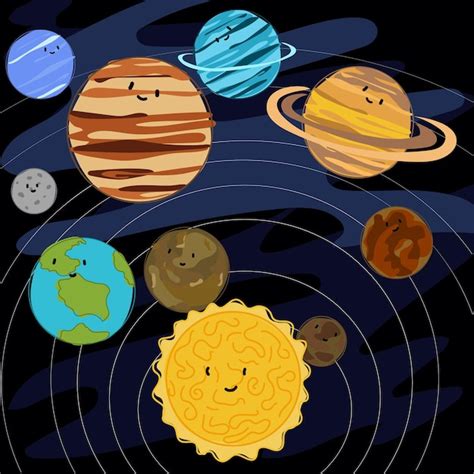 Planetas coloridos del sistema solar en orden con líneas en el espacio