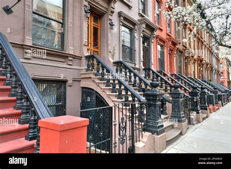 View Of Brownstone Buildings In Harlem In Manhattan New York City