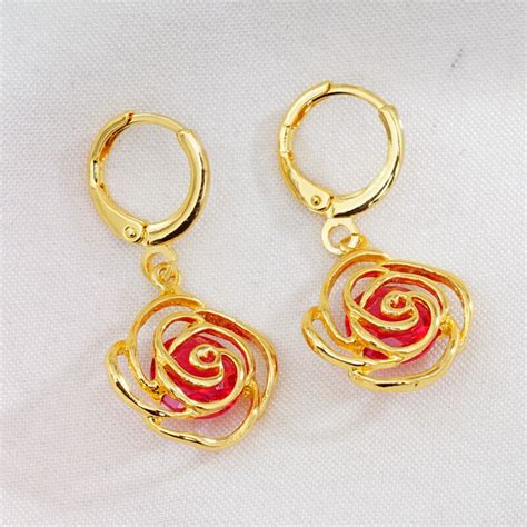 Lindo Oco Design Rosa Flor Zirc O Cristal Ouro Dangle Brincos Para