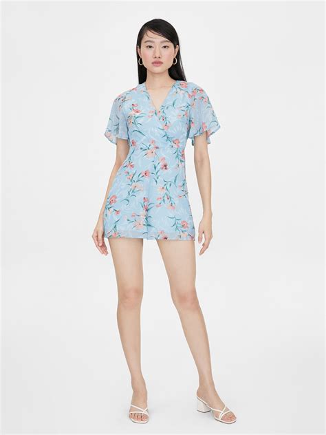 Wrap Style Butterfly Sleeves Romper Blue Pomelo Fashion