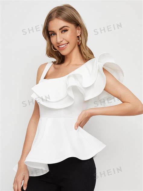 Shein Mulvari Asymmetrical Neck Ruffle Trim Peplum Top Shein Usa