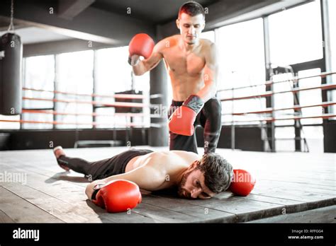 Beaten boxer lying knocked out on the boxing ring with strong man ...