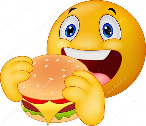 Caricatura Emoticon Smiley Comer Hamburguesa Ilustración De Stock De