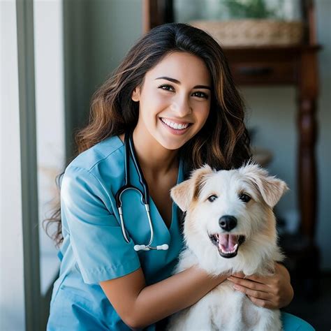 Premium Photo Beautiful Hispanic Veterinarian Woman Holding Dog