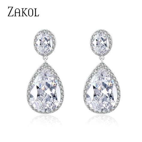 Zakol Luxury Big Water Drop Cubic Zircon Dangle Earrings Dubai Style